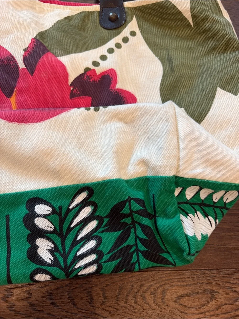 Neat Canvas Floral Tote Bag with Pink & Green Print With Leather Straps